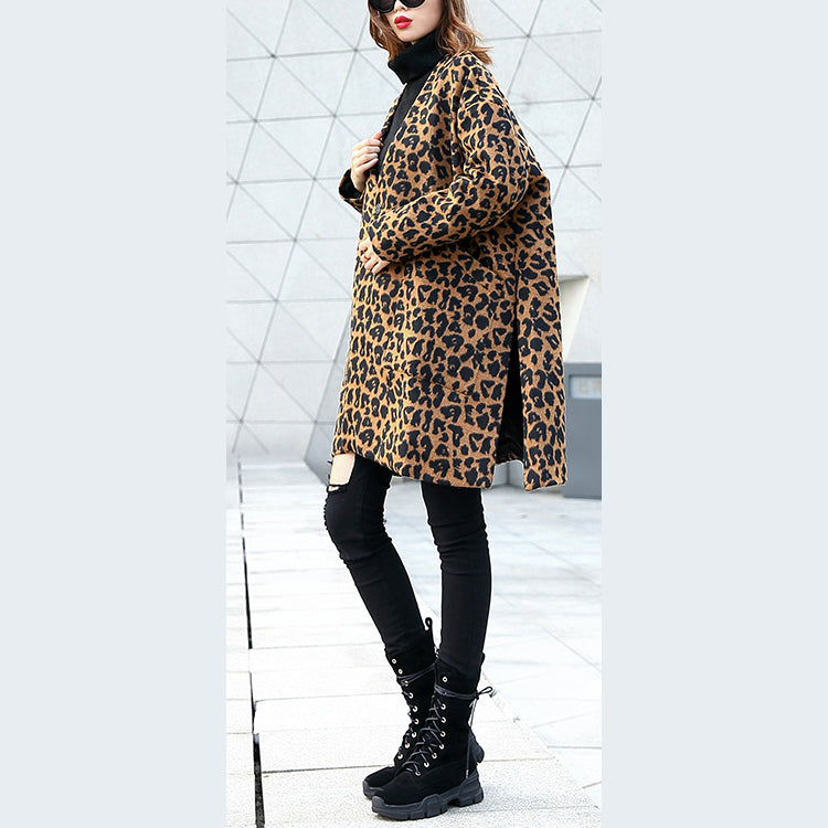 Brown Leopard Coat V Neck Pockets Winter Coat Side Open Coats