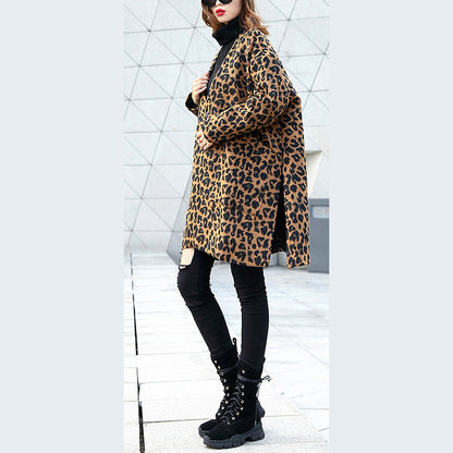 Brown Leopard Coat V Neck Pockets Winter Coat Side Open Coats