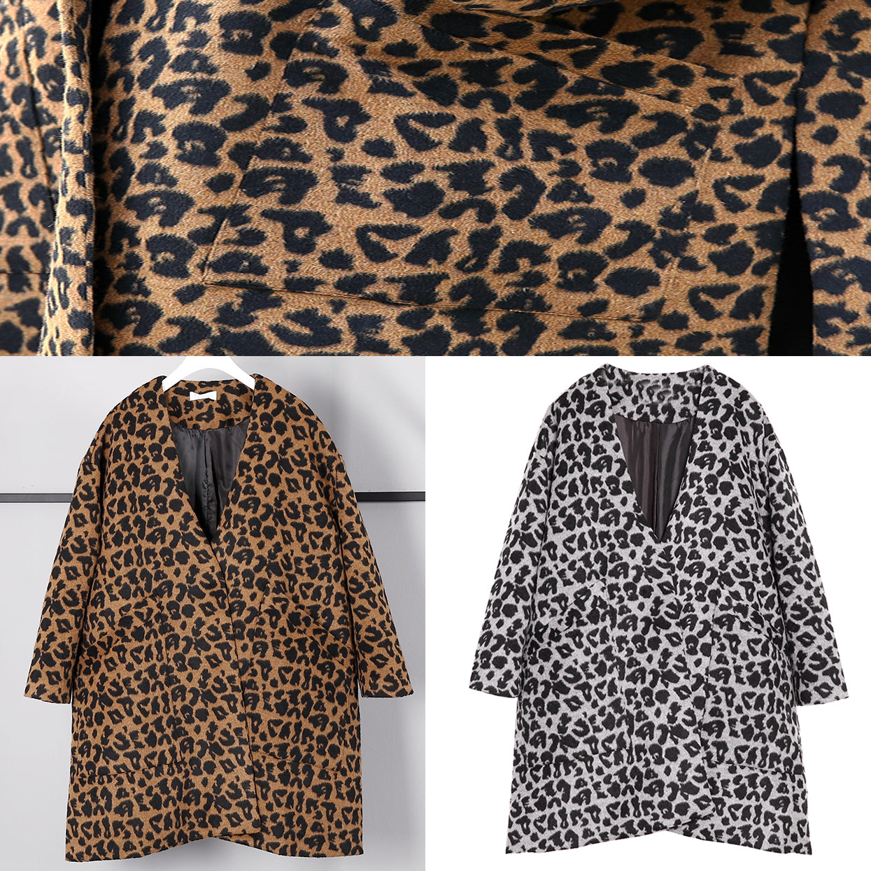 Brown Leopard Coat V Neck Pockets Winter Coat Side Open Coats