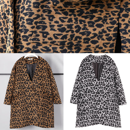 Brown Leopard Coat V Neck Pockets Winter Coat Side Open Coats