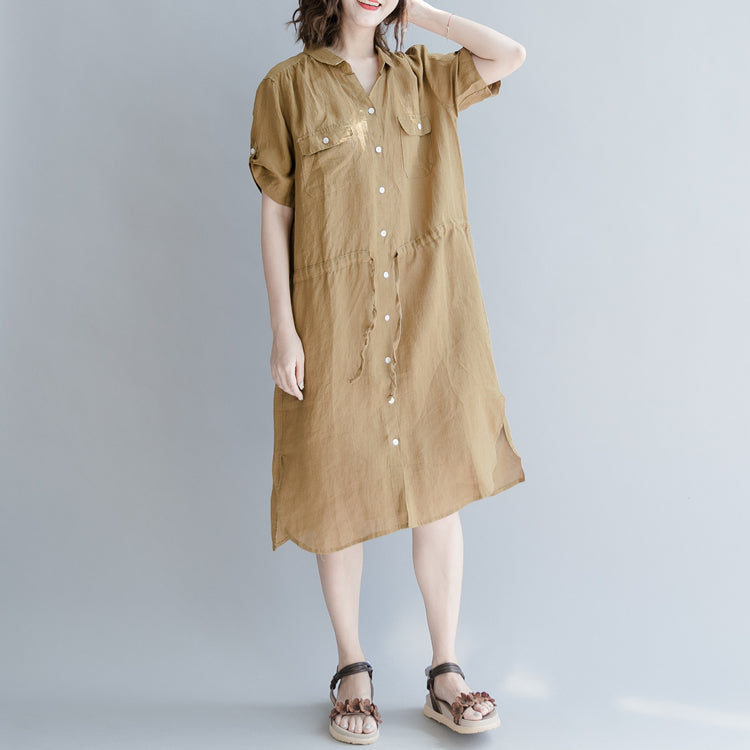 Brown Linen Dress Oversize Linen Dress Boutique Short Sleeve Pockets Turn-down Collar Linen Dress