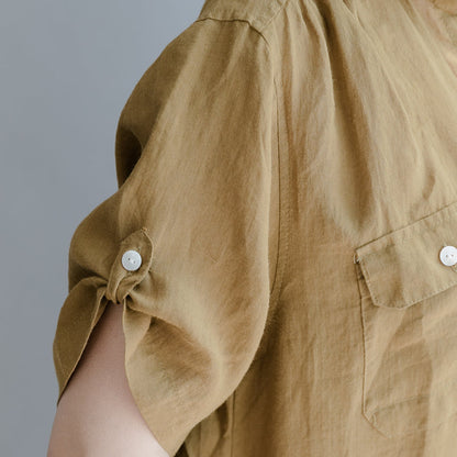 Brown Linen Dress Oversize Linen Dress Boutique Short Sleeve Pockets Turn-down Collar Linen Dress