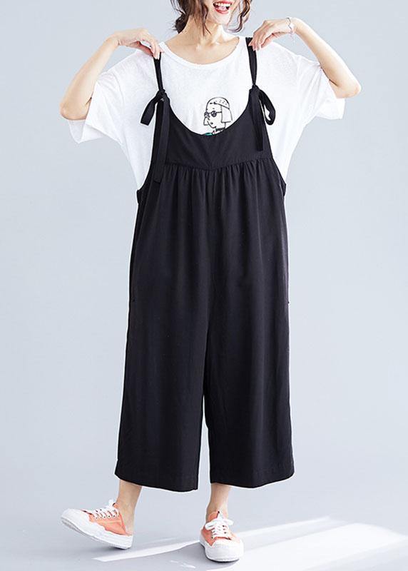 Cotton Black Jumpsuit Loose Straps Wide Leg Pants