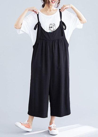 Cotton Black Jumpsuit Loose Straps Wide Leg Pants