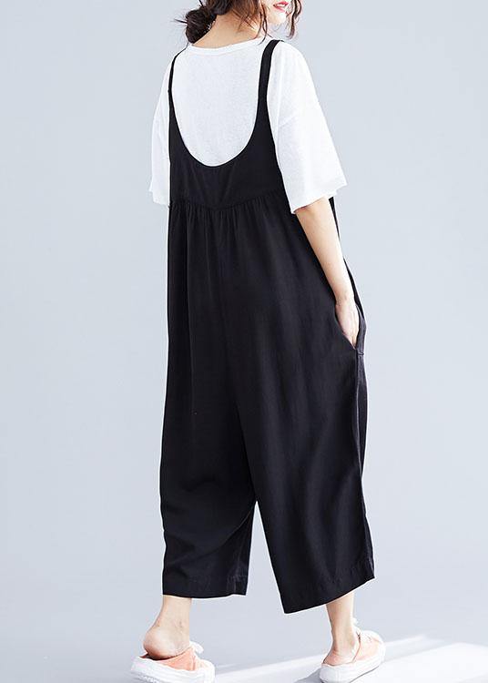 Cotton Black Jumpsuit Loose Straps Wide Leg Pants