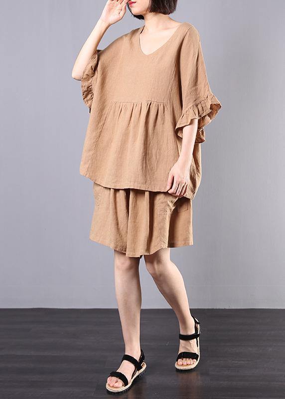 Cotton Linen Khaki Two Pieces Ruffles Sleeve Blouse With Shorts