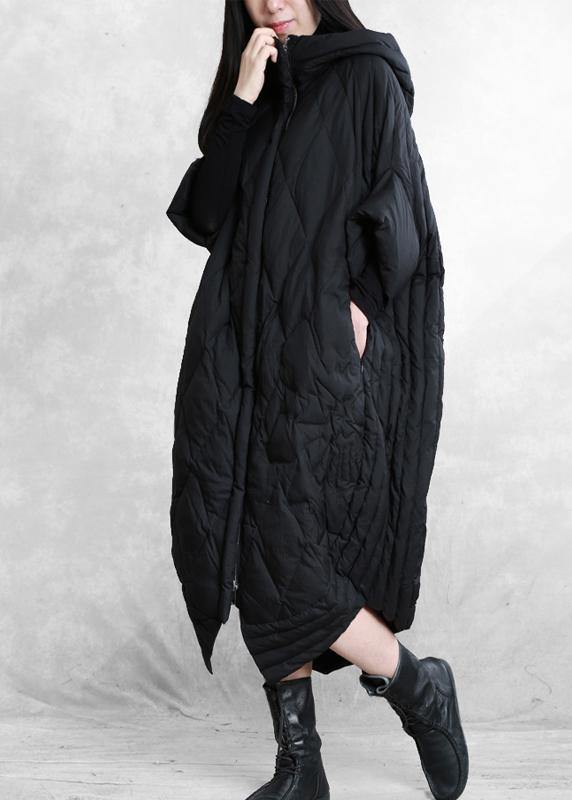 Down Jacket Overcoat Black Hooded Zippered Goose Down Coat
