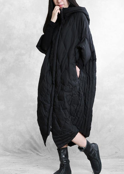Down Jacket Overcoat Black Hooded Zippered Goose Down Coat