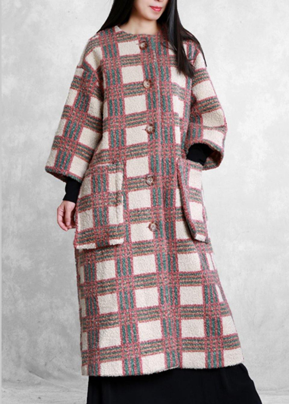 Trench Coat Coat Nude Plaid Pockets Button Wool Coat for Woman