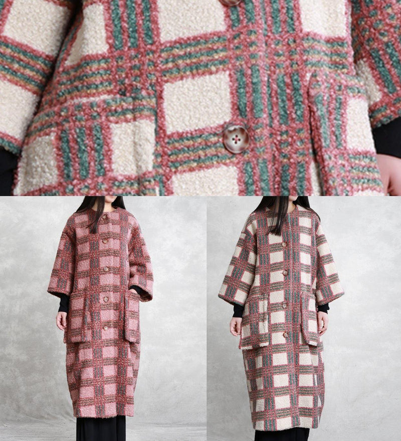 Trench Coat Coat Nude Plaid Pockets Button Wool Coat for Woman