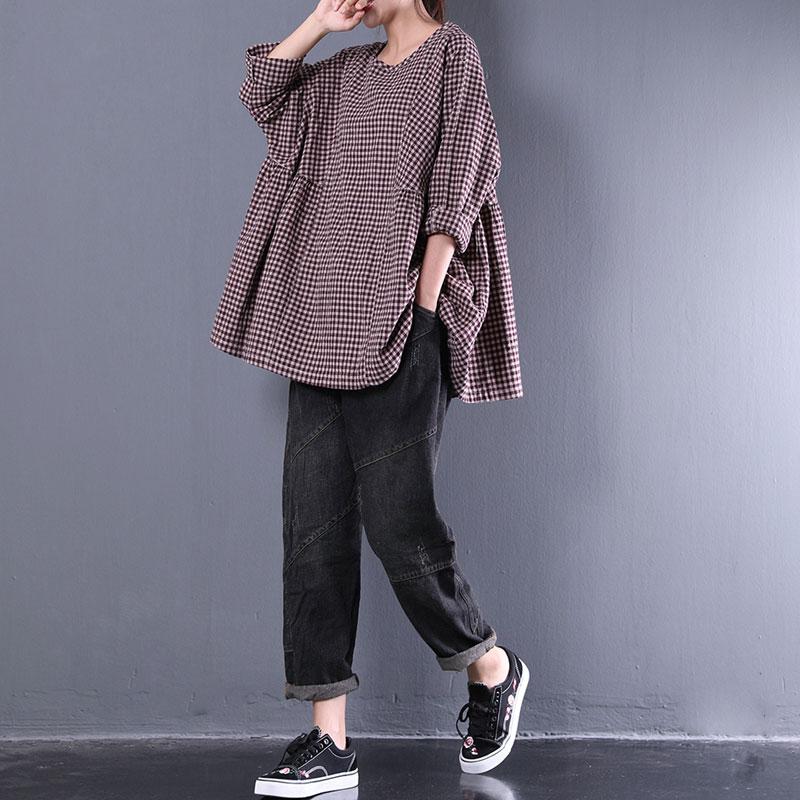 Cotton Blended Blouse Round Neck Long Sleeve Spring Loose Shirt