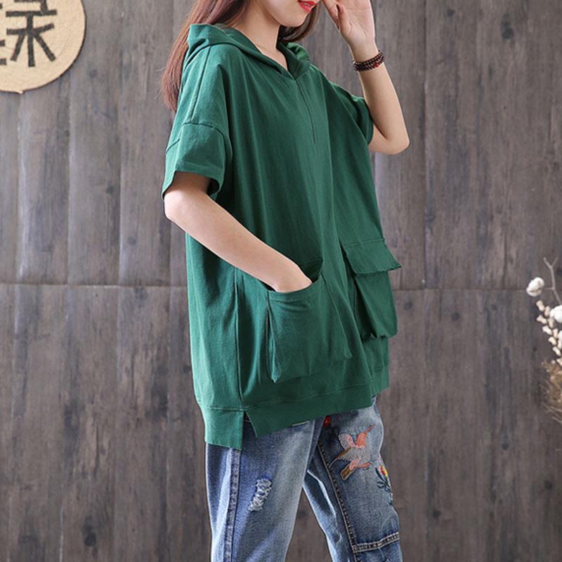 Cotton Blouse Oversized Hooded Short Sleeve Pullover Cotton Green Tops