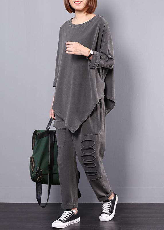 Cotton Gray Asymmetric Tops and Big Pockets Sport Pants Two Pieces
