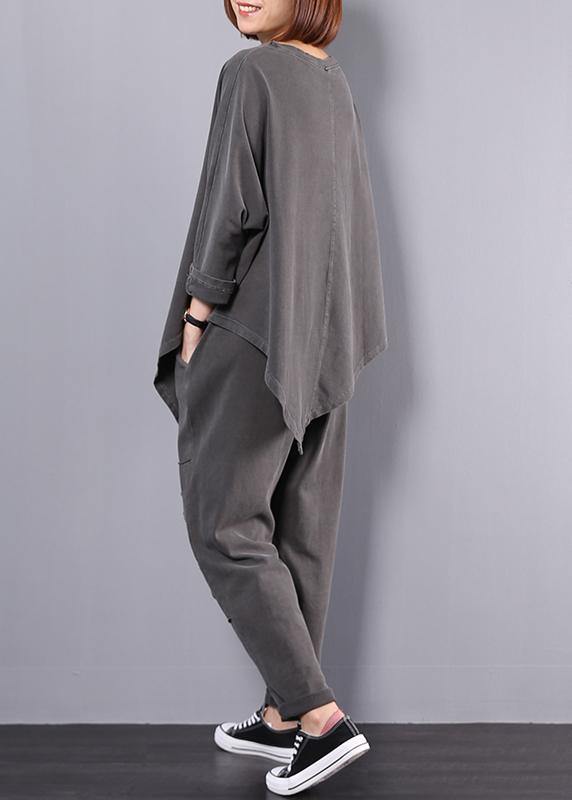 Cotton Gray Asymmetric Tops and Big Pockets Sport Pants Two Pieces