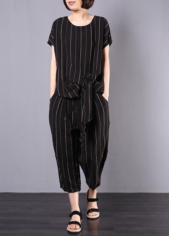 Cotton Linen Black Striped Two Pieces Short Sleeve Blouse and Drawstring Elastic Waist Pants