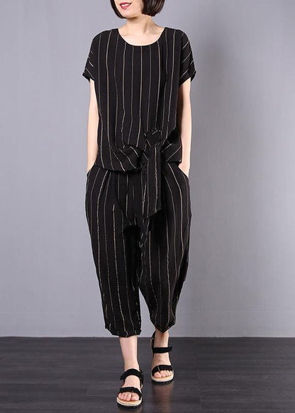 Cotton Linen Black Striped Two Pieces Short Sleeve Blouse and Drawstring Elastic Waist Pants