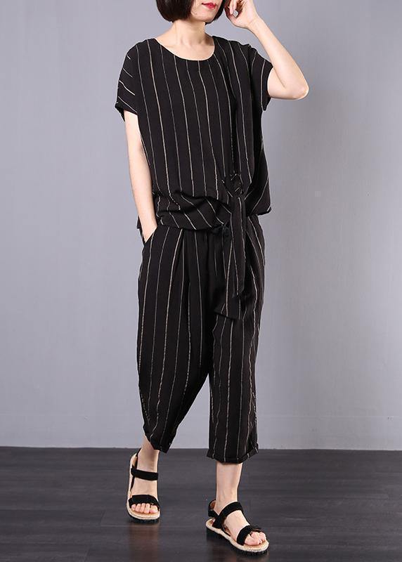 Cotton Linen Black Striped Two Pieces Short Sleeve Blouse and Drawstring Elastic Waist Pants
