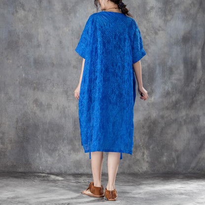 Cotton Shift Dress Oversized Loose Round Neck Short Sleeve Irregular Blue Dress