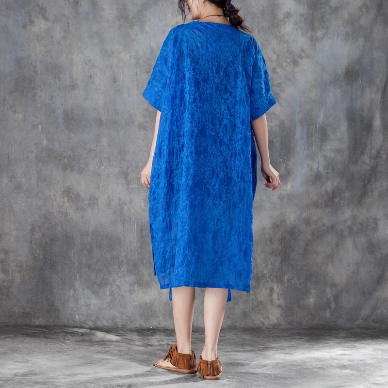 Cotton Shift Dress Oversized Loose Round Neck Short Sleeve Irregular Blue Dress