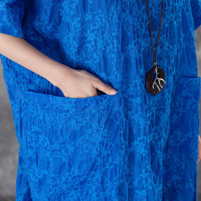 Cotton Shift Dress Oversized Loose Round Neck Short Sleeve Irregular Blue Dress