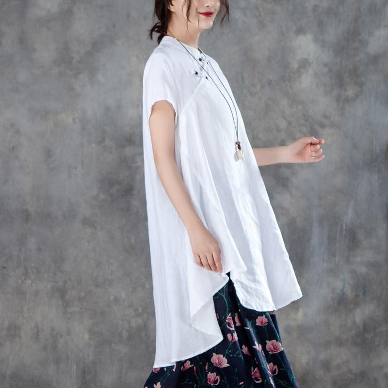 Cotton Shirts Stand Collar Short Sleeve Irregular White Tops