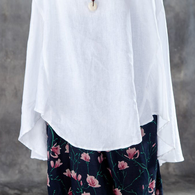Cotton Shirts Stand Collar Short Sleeve Irregular White Tops