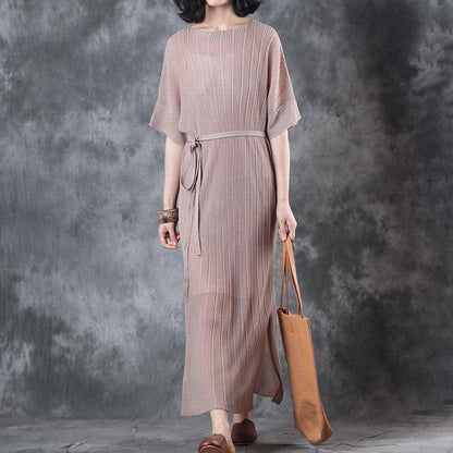 Cotton Tops Loose Fitting Lacing Knitting Dress Beige Two Pieces With Suspenders