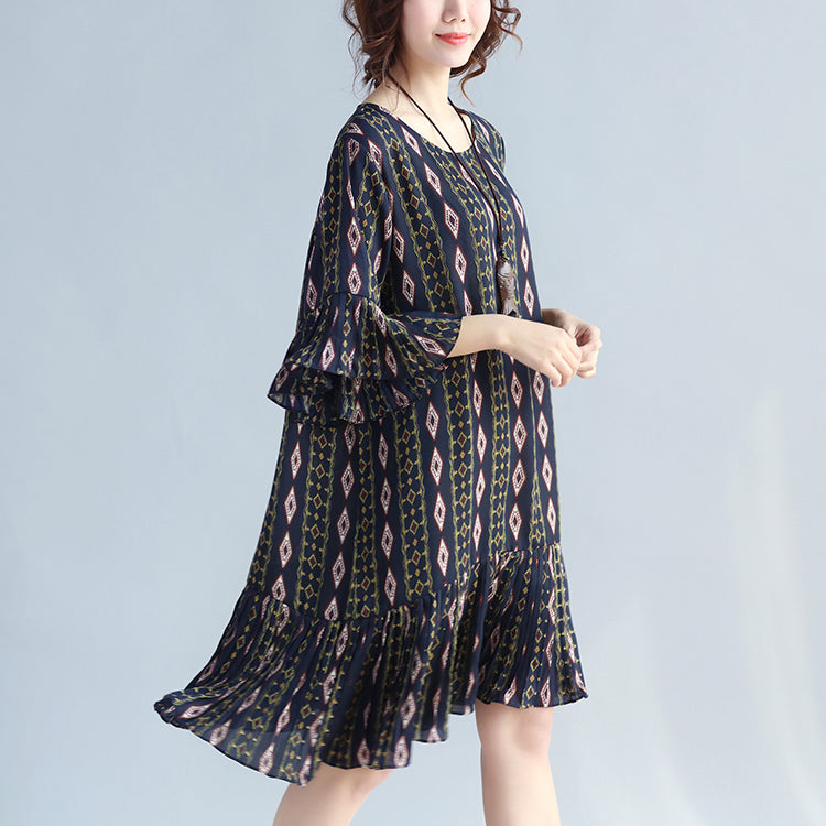 Dark Blue Prints Chiffon Dresses Chiffon Maxi Dress Ruffles Hem Ruffles Sleeve Chiffon Dress