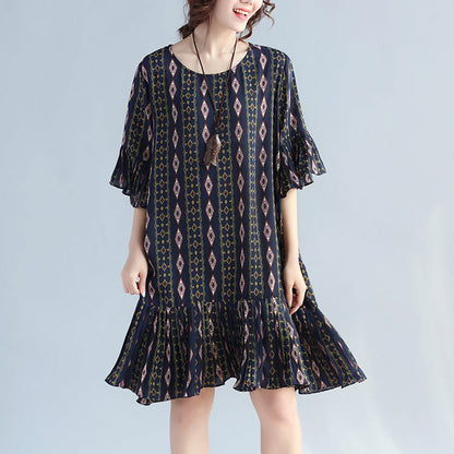 Dark Blue Prints Chiffon Dresses Chiffon Maxi Dress Ruffles Hem Ruffles Sleeve Chiffon Dress