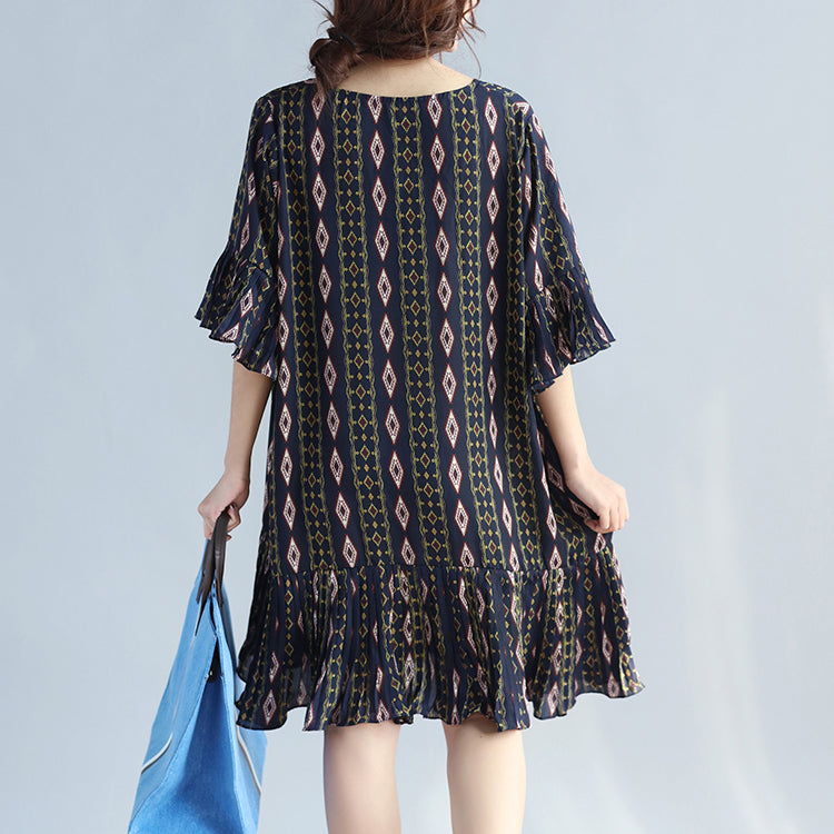Dark Blue Prints Chiffon Dresses Chiffon Maxi Dress Ruffles Hem Ruffles Sleeve Chiffon Dress