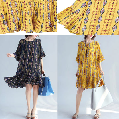 Dark Blue Prints Chiffon Dresses Chiffon Maxi Dress Ruffles Hem Ruffles Sleeve Chiffon Dress