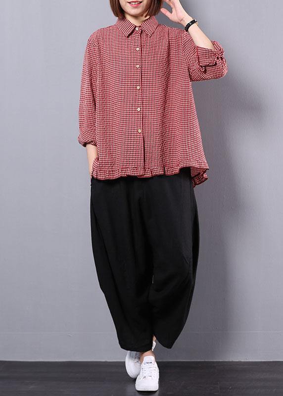 Fall Cotton Linen Two Pieces Red Plaid Lapel Collar Shirt and Black Harem Pants