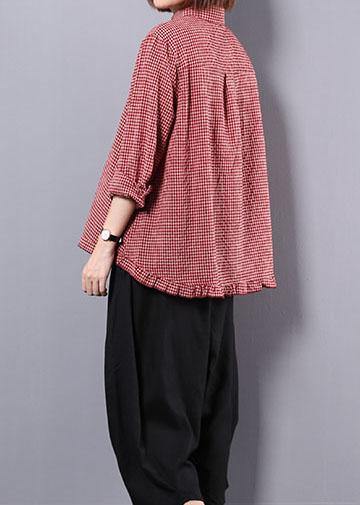 Fall Cotton Linen Two Pieces Red Plaid Lapel Collar Shirt and Black Harem Pants