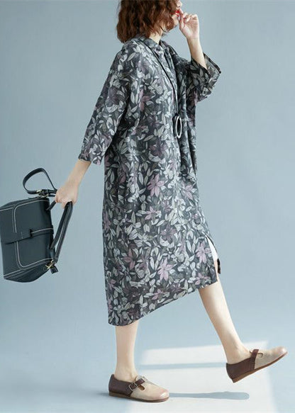 Cotton Linen Shirt Dresses Loose Fitting Fine Three Quarter Sleeve Baggy Dresses Turn-down Collar Cotton Shirt Dress