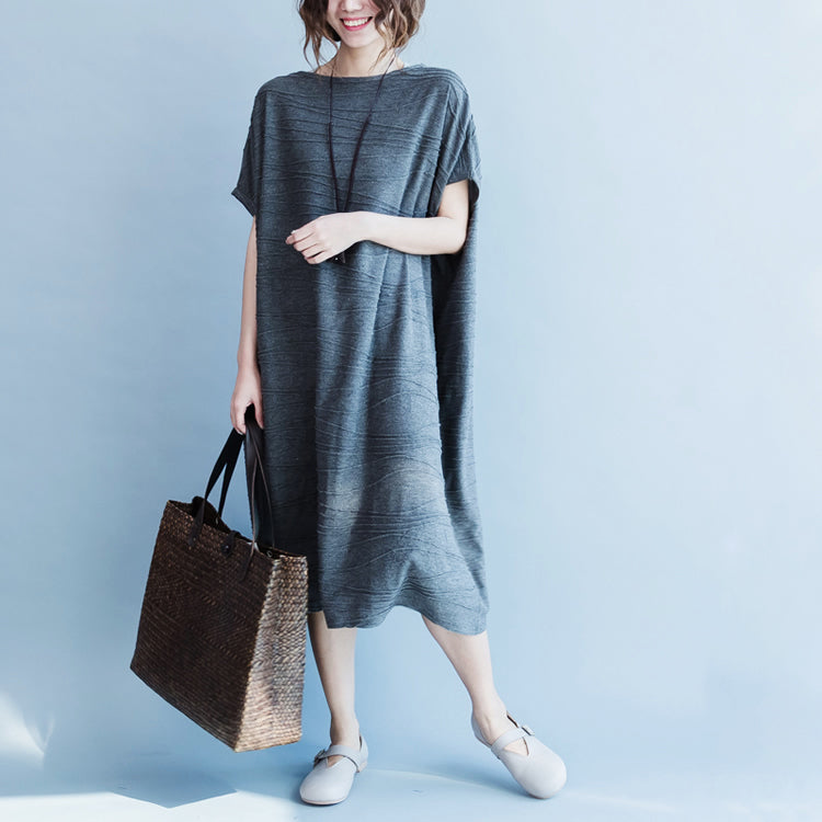 Gray Cotton Dresses Oversize O Neck Cotton Dresses Boutique Short Sleeve Caftans