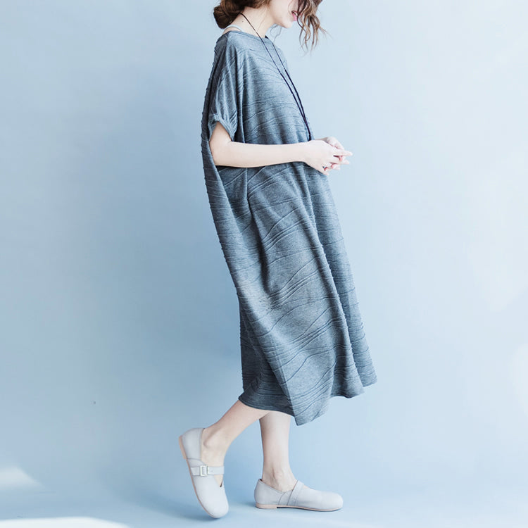 Gray Cotton Dresses Oversize O Neck Cotton Dresses Boutique Short Sleeve Caftans