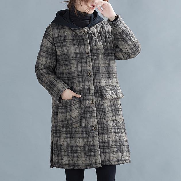Gray Plaid Winter Parkas Oversized Snow Hooded Pockets Overcoat
