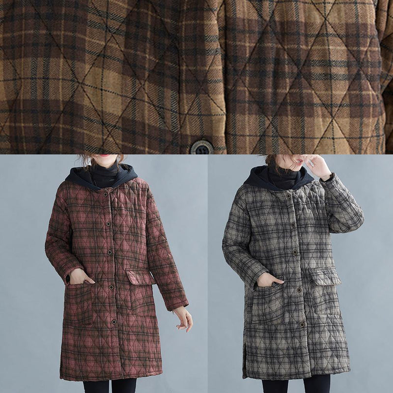 Gray Plaid Winter Parkas Oversized Snow Hooded Pockets Overcoat