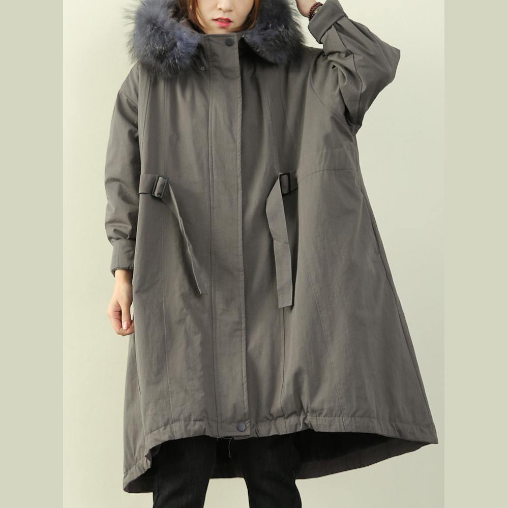Gray Winter Outwear Hooded Faux Fur Collar Outwear