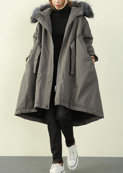 Gray Winter Outwear Hooded Faux Fur Collar Outwear
