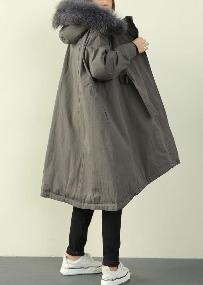 Gray Winter Outwear Hooded Faux Fur Collar Outwear