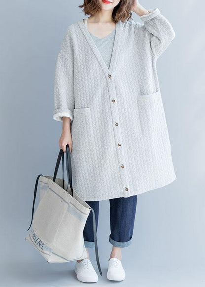 Gray Winter Parkas Clothing V Neck Pockets Overcoat