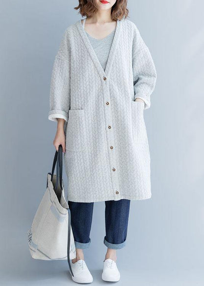 Gray Winter Parkas Clothing V Neck Pockets Overcoat