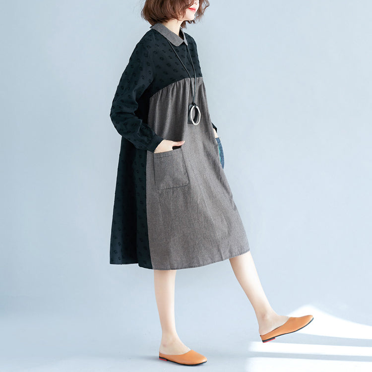 Green Plaid Pure Cotton Dresses Long Sleeve Pockets Peter Pan Collar Patchwork Cotton Dresses
