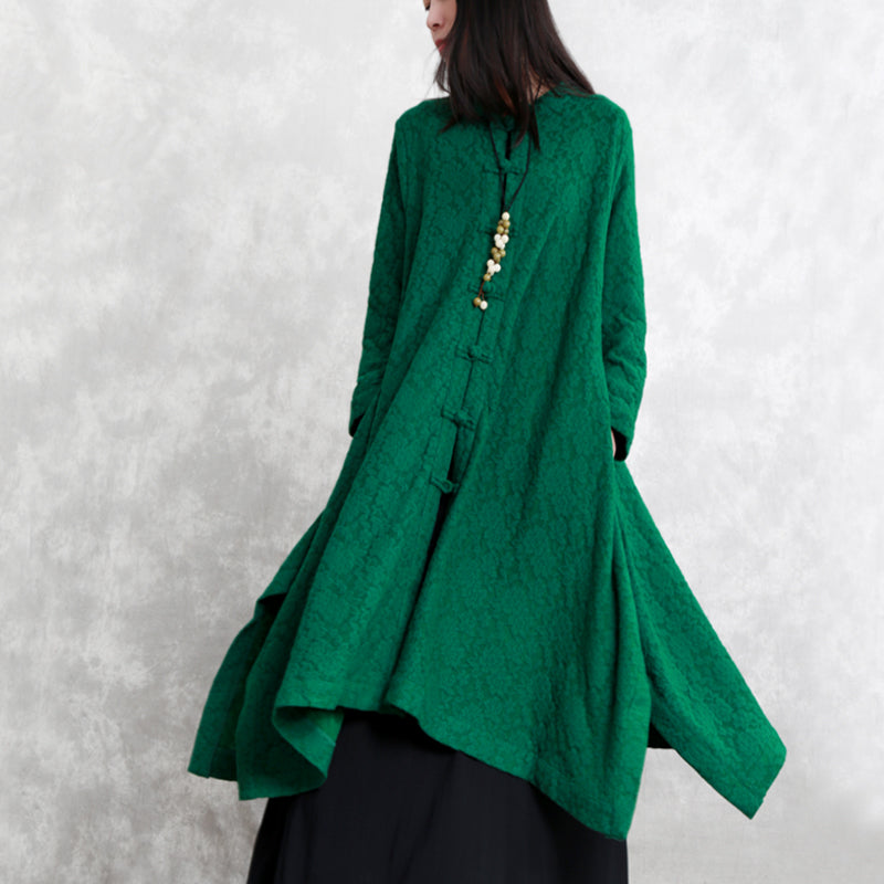 Green Wool Blended Coat Loose Fitting Stand Asymmetric Outwear Boutique Long Sleeve Pockets Large Hem Trench Coat
