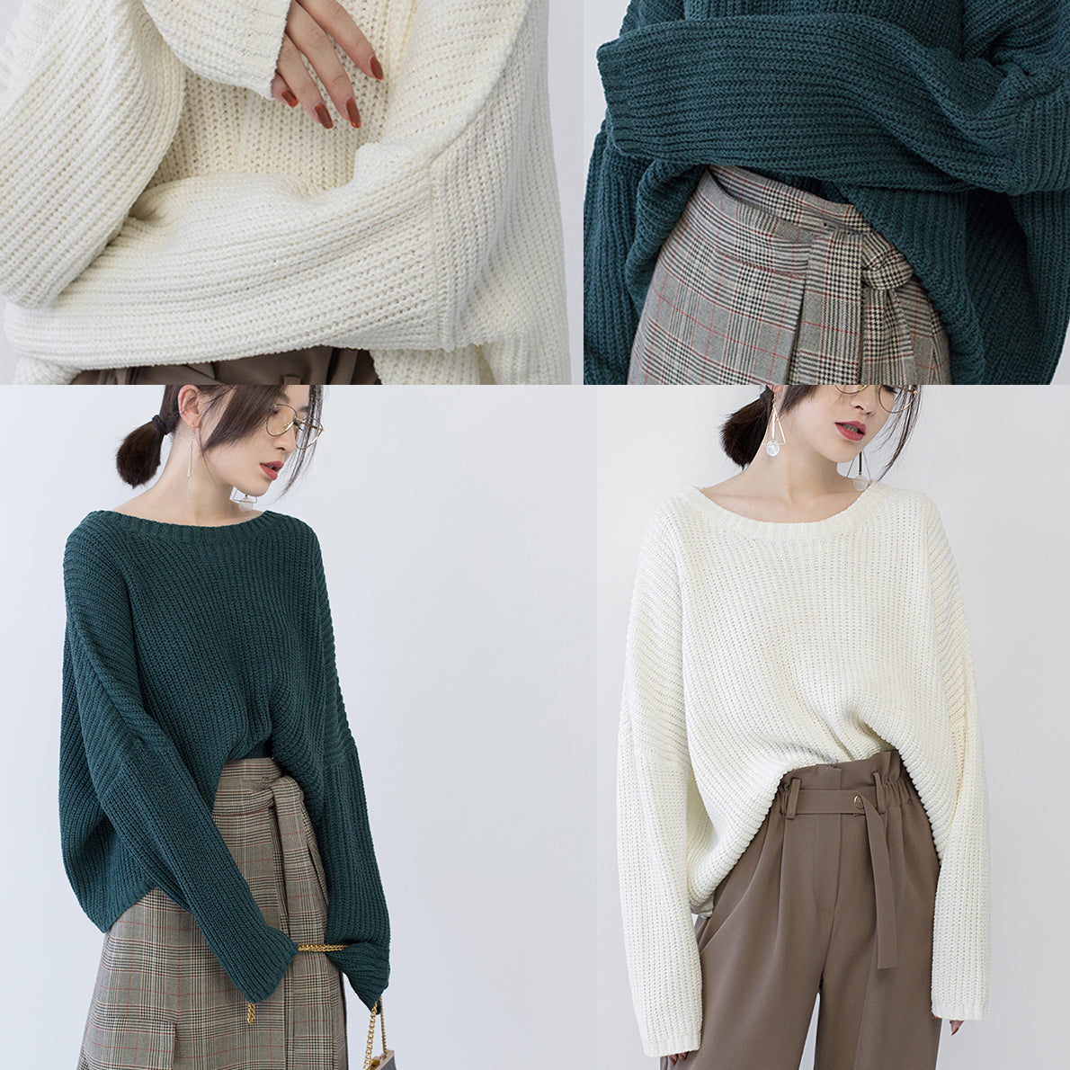 Green Knit Tops Oversized O Neck Baggy Knitted Tops Batwing Sleeve Winter Sweaters