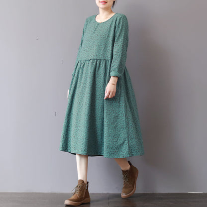Green Prints Fall Dress Patchwork Fall Dresses New Long Sleeve Maxi Dresses