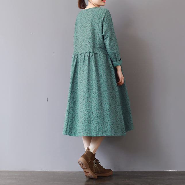 Green Prints Fall Dress Patchwork Fall Dresses New Long Sleeve Maxi Dresses