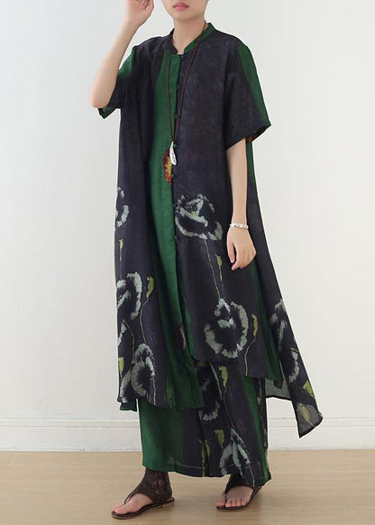Green Prints Short Sleeve Shirt Dress With Elastic Waist Wide Leg Pants Two Pieces
