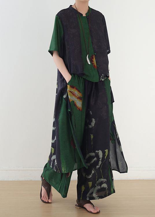 Green Prints Short Sleeve Shirt Dress With Elastic Waist Wide Leg Pants Two Pieces